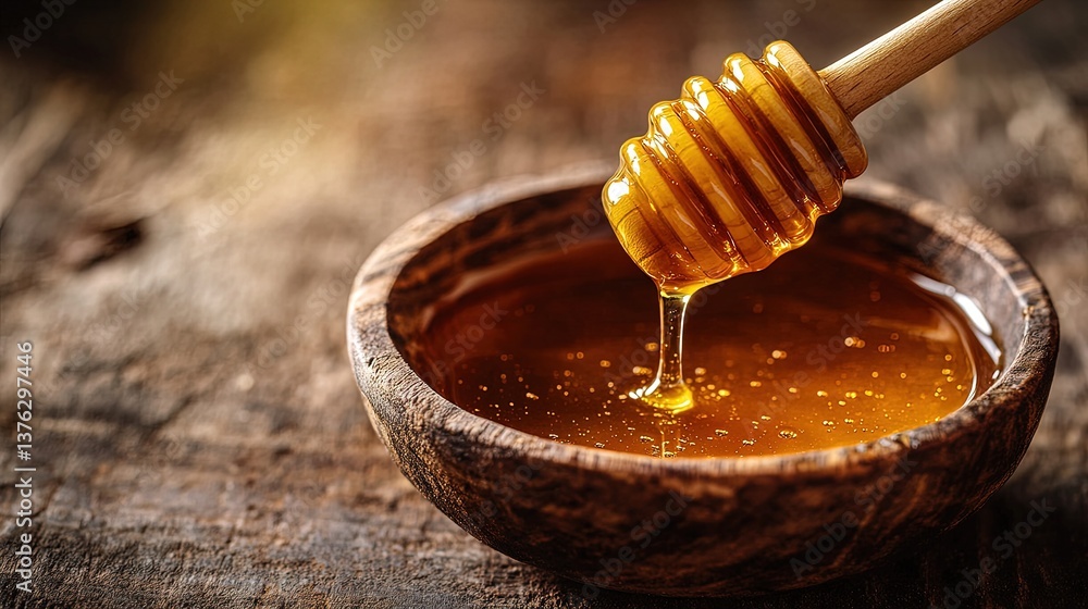 Honey dripping from a wooden dipper and spoon on a white background Honey dripping from a wooden dipper and spoon on a white background