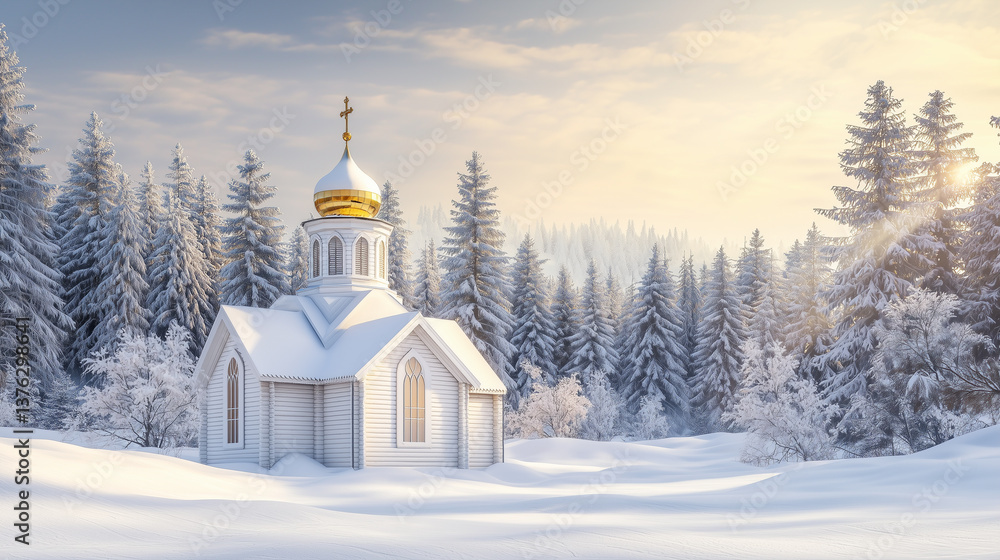 Fototapeta premium Serene Winter Orthodox church, snow covered landscape