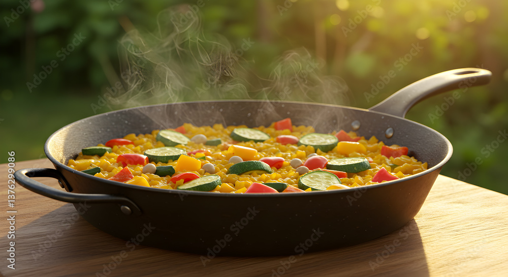 Steaming Vegetable Paella in Cast Iron Pan Outdoors under Warm Sunlight Steaming Vegetable Paella in Cast Iron Pan Outdoors under Warm Sunlight