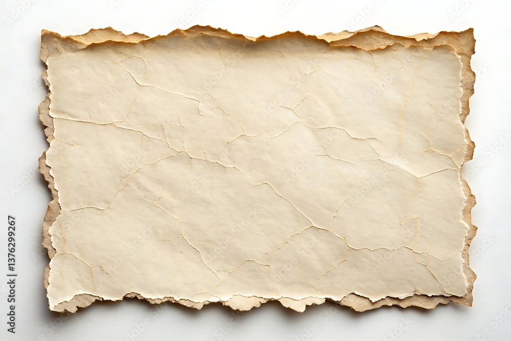 Fototapeta premium An ancient, brittle parchment whispers forgotten tales, its edges frayed with time, a creamy beige hue against a stark white backdrop.