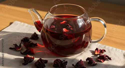 Aromatic hibiscus tea steeping in glass teapot with scattered dried petals