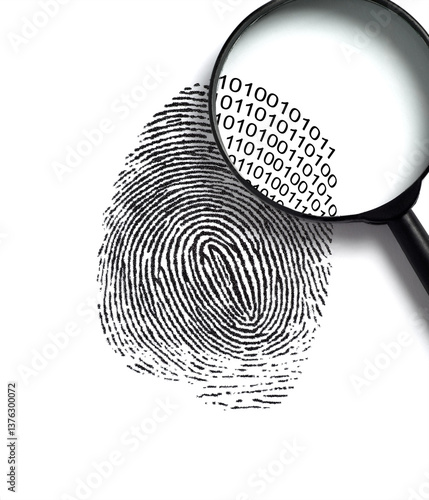 Fingerprint with a magnifying glass revealling a biometric code