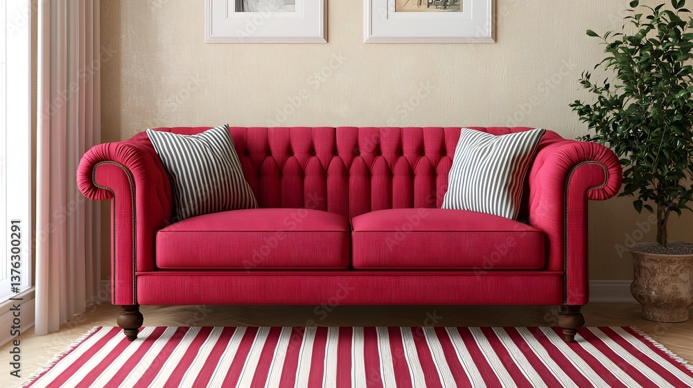 Fototapeta premium Red tufted sofa in a cozy living room