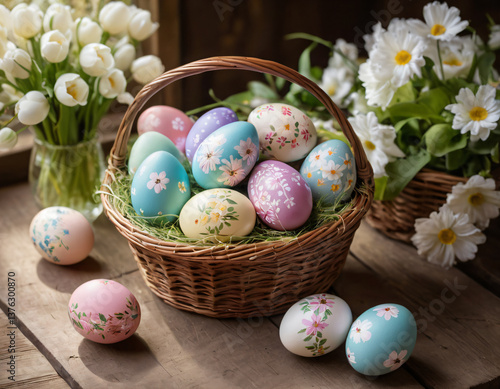Colorful Easter Eggs in a Basket with Spring Flowers – Holiday Celebration