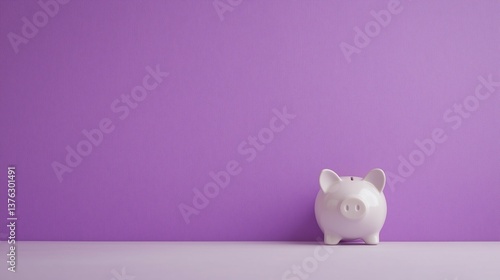 White Piggy Bank on Purple Background with Copy Space.