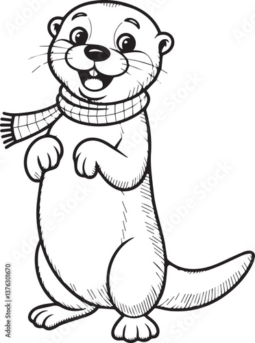a happy otter standing on its hind legs. The otter has a playful smile and is wearing a scarf. Animal coloring book page design