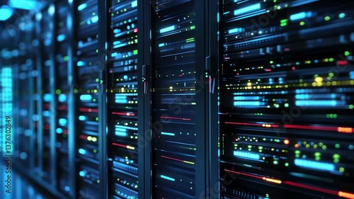 Server racks in a data center filled with network equipment.  Rows of server cabinets with glowing indicators and components