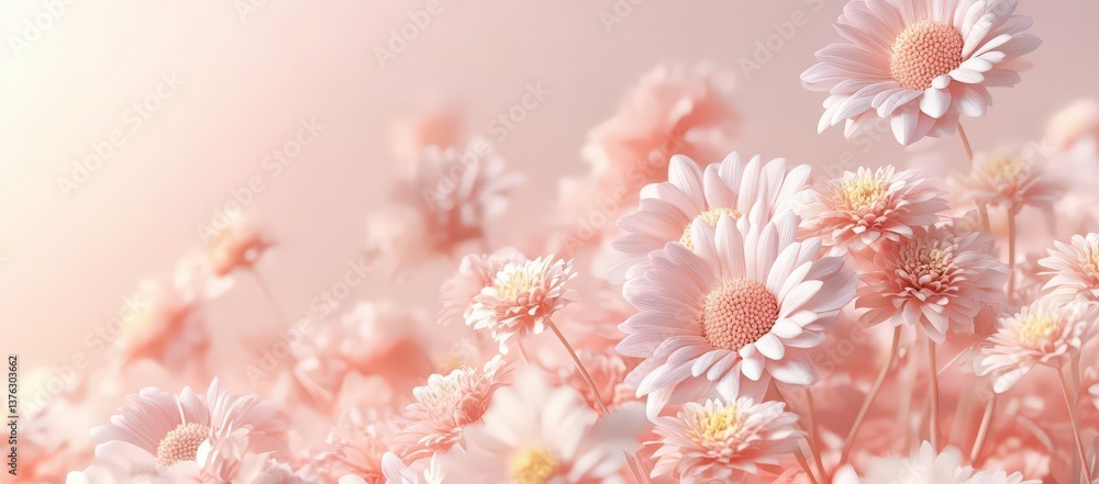 Vibrant spring meadow featuring blooming daisies and peach chrysanthemum flowers. Soft pastel colors create a bright, sunny atmosphere with ample copy space for text. 3D rendering illustration. Vibrant spring meadow featuring blooming daisies and peach chrysanthemum flowers. Soft pastel colors create a bright, sunny atmosphere with ample copy space for text. 3D rendering illustration.