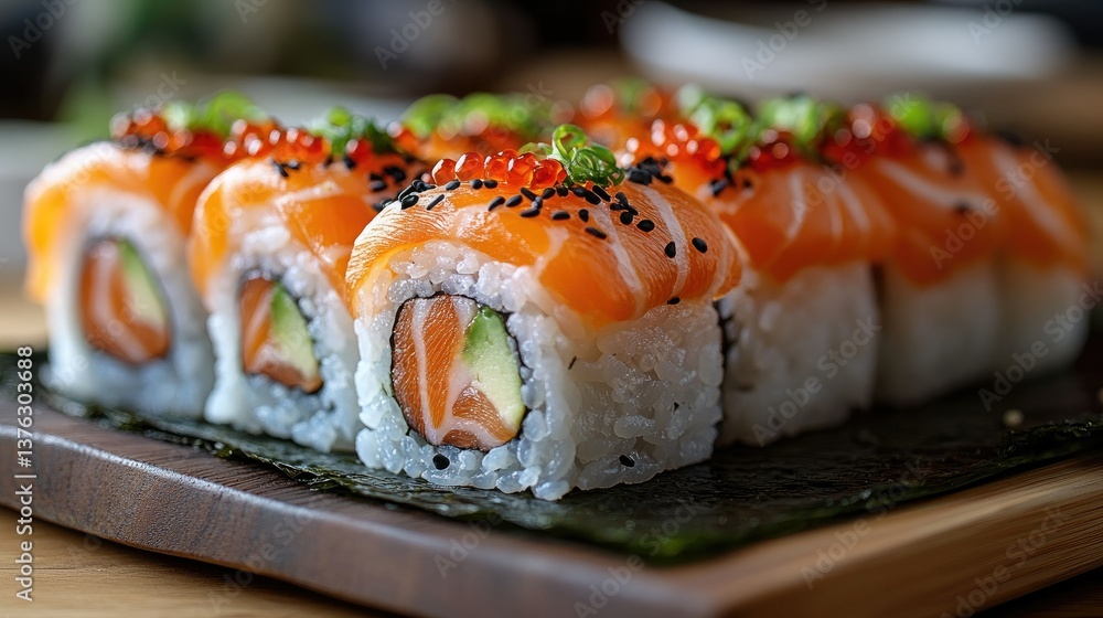 Delicious Salmon Sushi Rolls: Exquisite close-up of vibrant sushi rolls, featuring succulent salmon, avocado, and savory toppings, meticulously arranged on a wooden serving board. A culinary delight. Delicious Salmon Sushi Rolls: Exquisite close-up of vibrant sushi rolls, featuring succulent salmon, avocado, and savory toppings, meticulously arranged on a wooden serving board. A culinary delight.