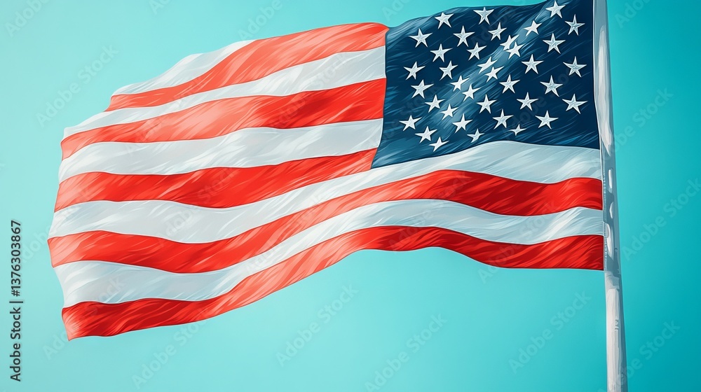 Obraz premium American Flag Waving in a Bright Sky Patriotic Symbol Outdoor Setting High Angle View Freedom Concept