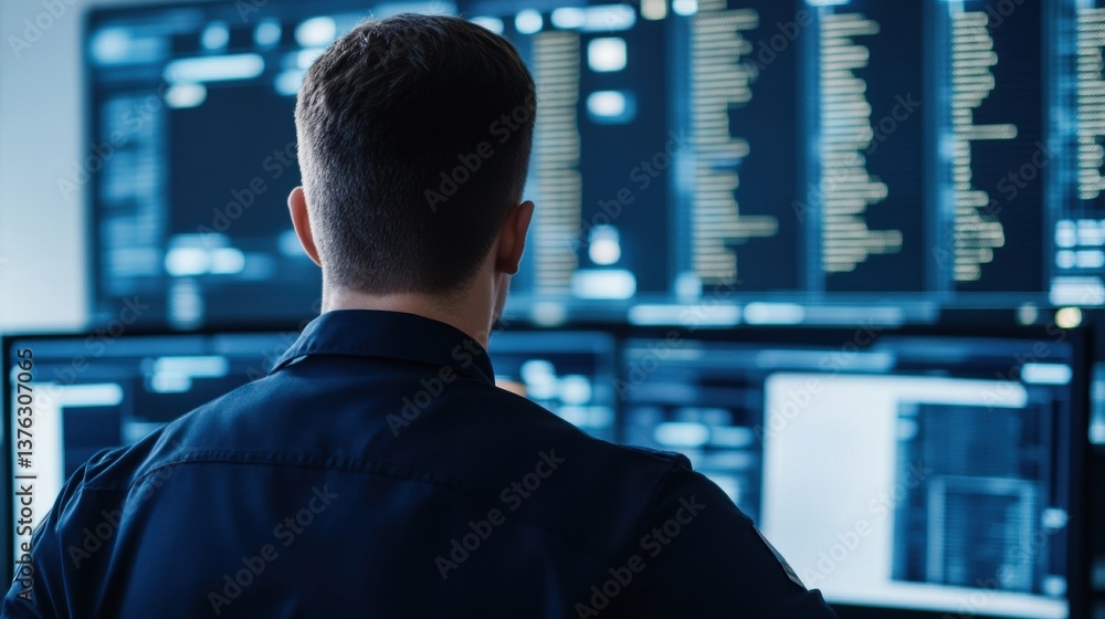 A person monitors multiple screens displaying data and analytics in a dark room, focusing on tech and information management. A person monitors multiple screens displaying data and analytics in a dark room, focusing on tech and information management.