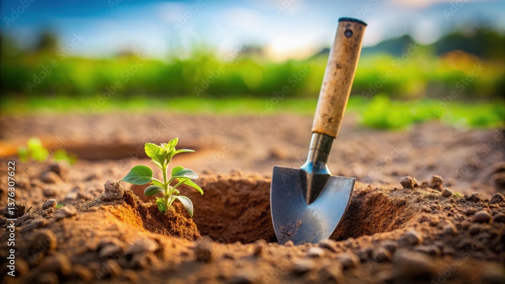 A tiny sprout emerges from the earth, a small garden trowel rests nearby, bathed in the golden light of a setting sun, symbolizing growth, nature, and the promise of a bountiful harvest. A tiny sprout emerges from the earth, a small garden trowel rests nearby, bathed in the golden light of a setting sun, symbolizing growth, nature, and the promise of a bountiful harvest.