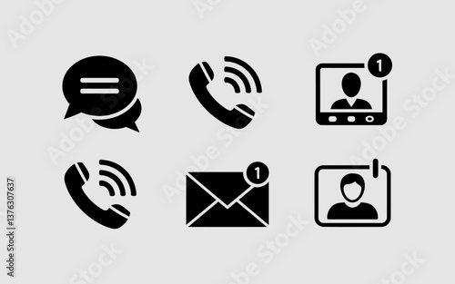 Communication Icons Set: Message, Call, Email, Video Conference - Black and White Flat Design