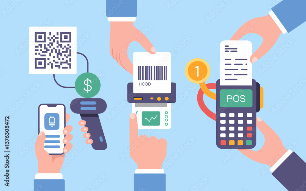 Diverse Payment Methods: QR Code, Barcode, POS Terminal - Seamless Retail Transactions and Financial Technology Diverse Payment Methods: QR Code, Barcode, POS Terminal - Seamless Retail Transactions and Financial Technology