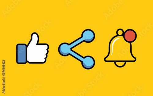 Like, Share, and Notification Icons on Yellow Background: Social Media Engagement Concept