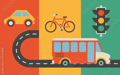 Colorful Urban Transport: Car, Bike, Bus, and Traffic Lights Illustration for City Life Designs, Transportation Concepts, and Mobility Visuals