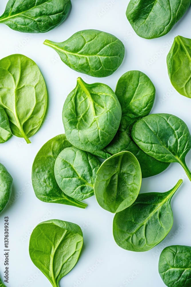 Obraz premium Fresh green spinach leaves scattered on light background, showca