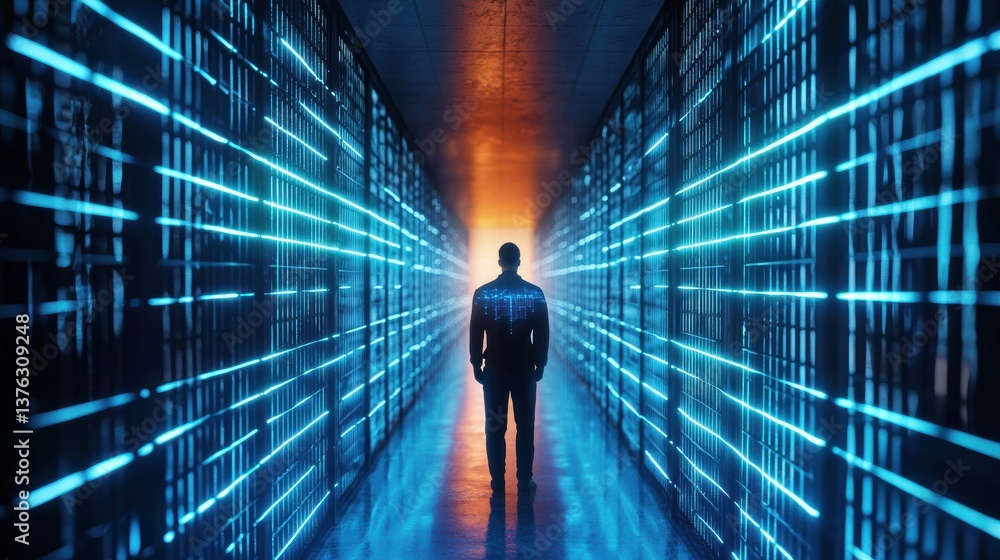 A silhouette of a person stands in a corridor lined with glowing data panels, symbolizing technology and digital innovation. A silhouette of a person stands in a corridor lined with glowing data panels, symbolizing technology and digital innovation.