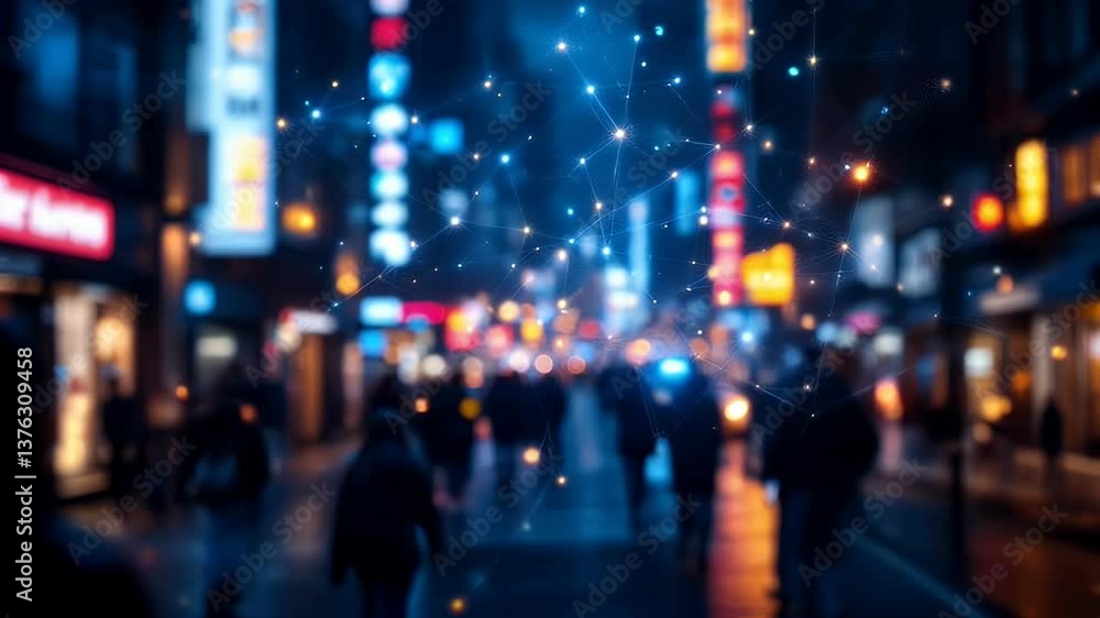Network and connection lines and dots overlaying a softly blurred street scene at night, featuring people walking past illuminated shop windows and lights in a vibrant urban environment Network and connection lines and dots overlaying a softly blurred street scene at night, featuring people walking past illuminated shop windows and lights in a vibrant urban environment