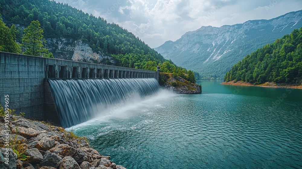 Serene Lake Landscape Featuring Hydroelectric Dam in a Mountainous Region Serene Lake Landscape Featuring Hydroelectric Dam in a Mountainous Region