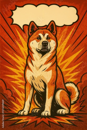 Comic style Akita Inu dog sitting with an explosive background. Copy Space