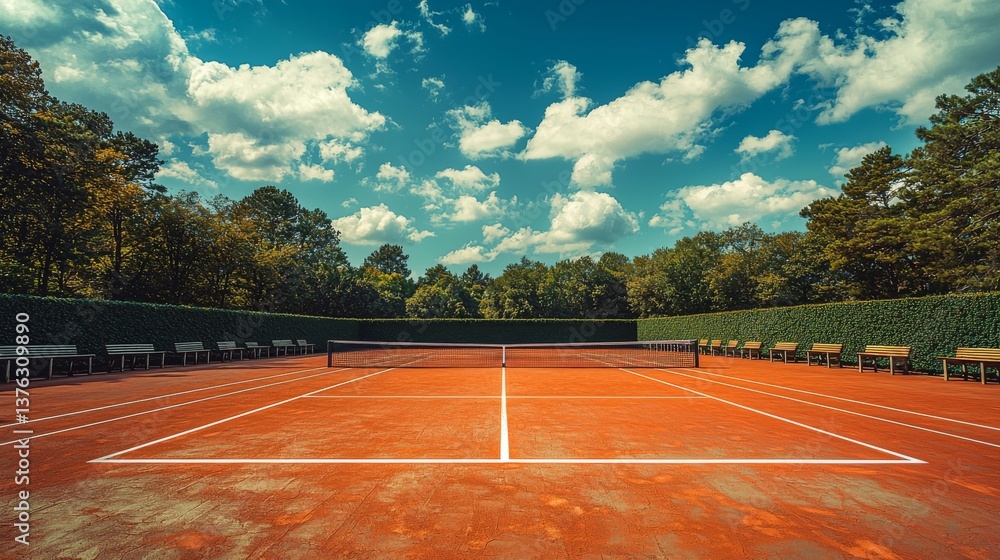 Obraz premium Tranquil tennis court surrounded by manicured greenery under a vibrant sky