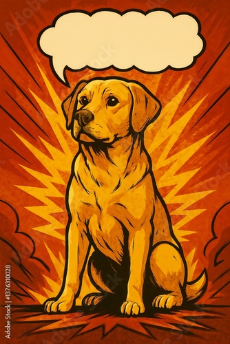 Golden Labrador sitting with comic style voice bubble. Copy Space