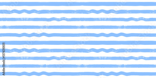 Wave stripes seamless pattern. Hand drawn wavy beach vector print, grunge paint lines with waves, blue watercolor background