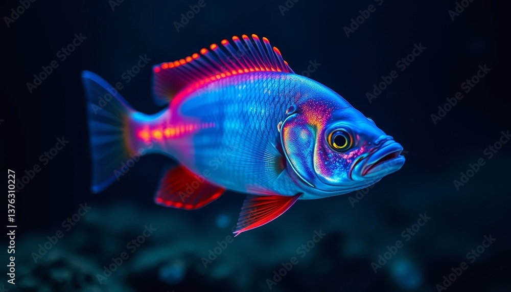 Vibrant Aquatic Creature with Iridescent Scales and Fin Rays Swimming in Dark Waters Vibrant Aquatic Creature with Iridescent Scales and Fin Rays Swimming in Dark Waters