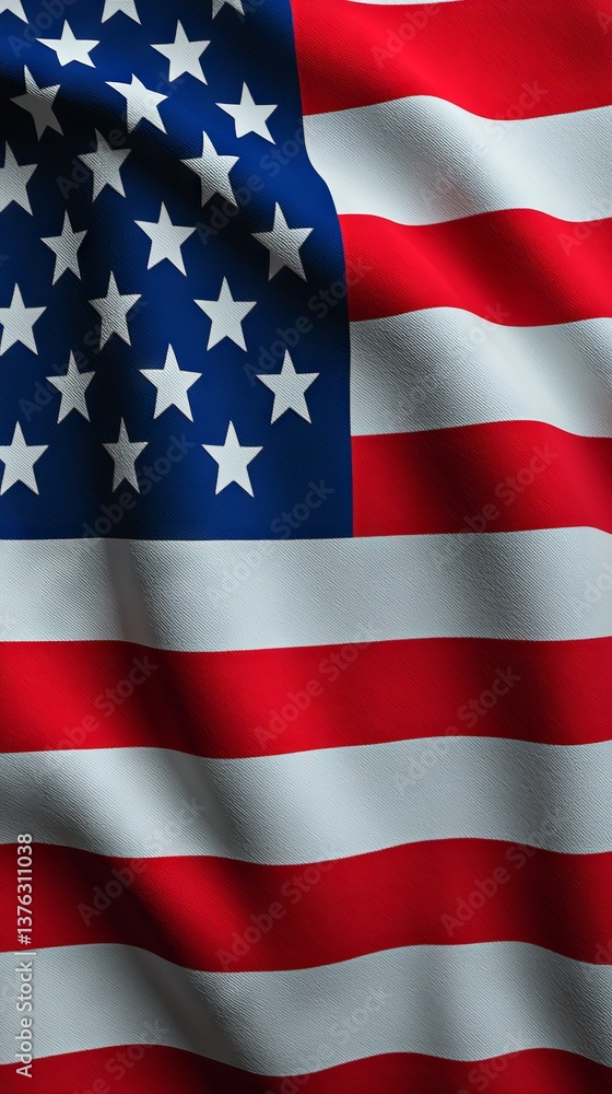 Fototapeta premium Patriotic Display of American Flag Waves Outdoor Setting Textile Art Natural Light Close-Up View Symbol of Freedom