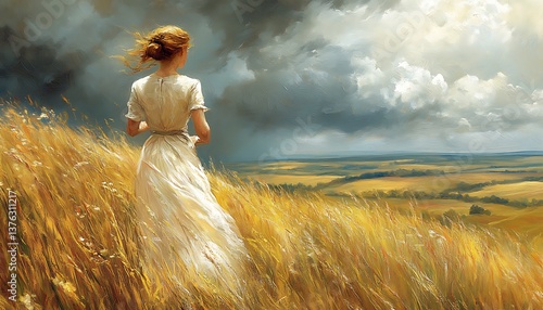Woman in field, storm clouds, vast landscape