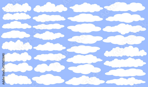 32 imaginary images of stratus clouds, cumulus, thick clouds, cartoon, anime clouds, comic clouds in blue background.vector