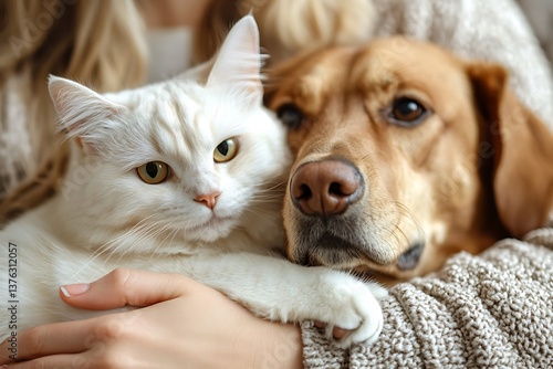 Woman holding cat and dog indoors