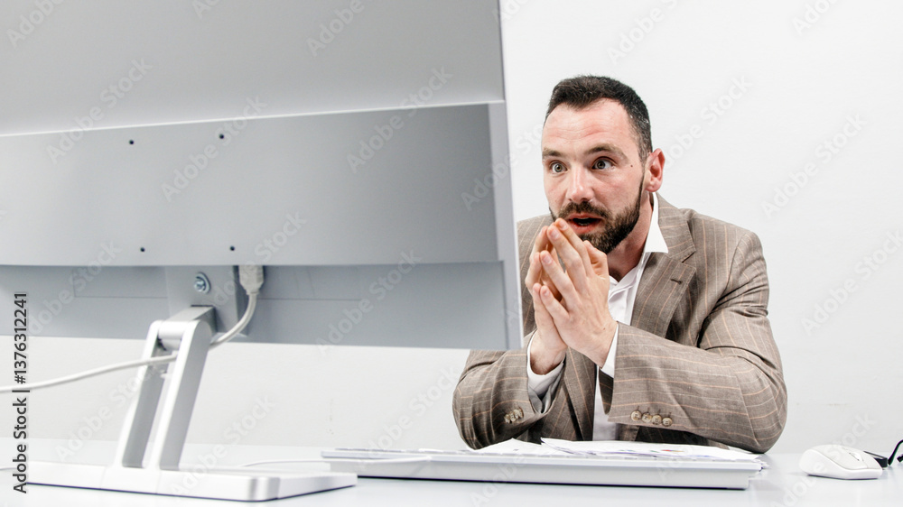 Tired, focused business man working at a computer in a bright office. The man looks frustrated while working. The concept of stress, frustration and burnout in the workplace. Tired, focused business man working at a computer in a bright office. The man looks frustrated while working. The concept of stress, frustration and burnout in the workplace.