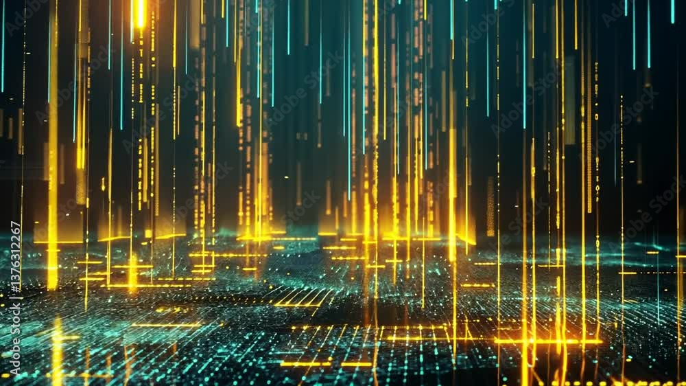 Datenstrahlen in goldener Matrixstruktur