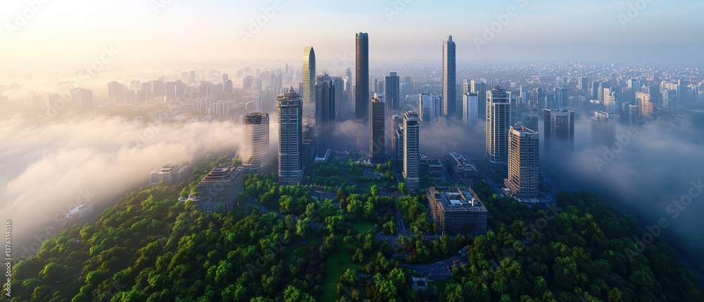 Fototapeta premium Panoramic Aerial View of City Skyline with Skyscrapers Rising Above Lush Green Landscape Partially Obscured by Morning Fog in Beautiful Sunrise Glow