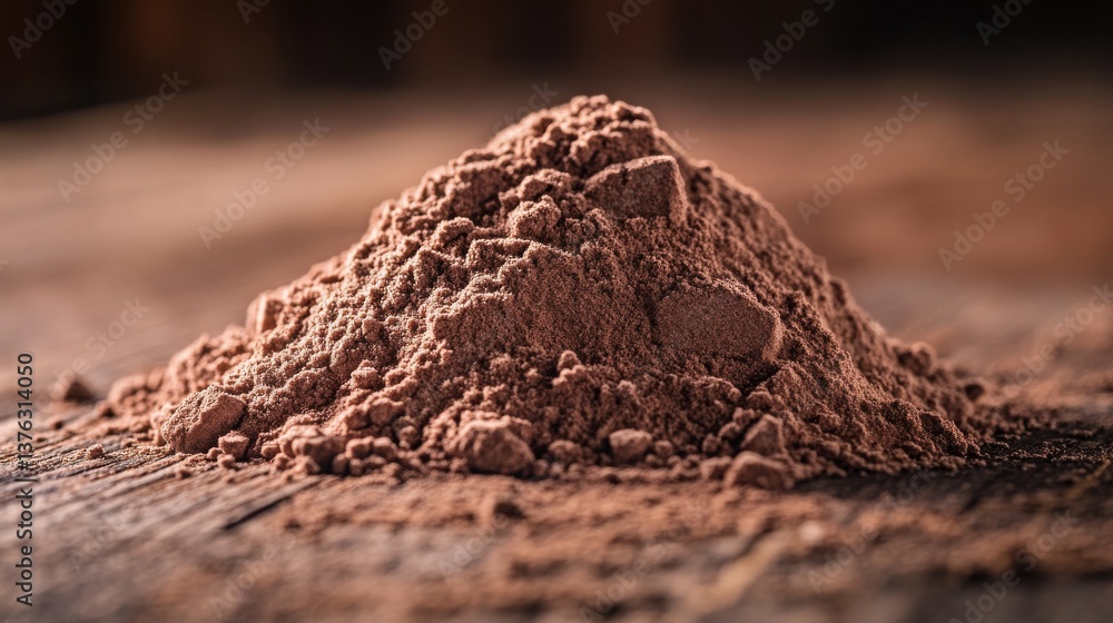 Chocolate Protein Powder Heap on Wooden Table Chocolate Protein Powder Heap on Wooden Table