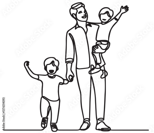 Wallpaper Mural Loving father walking outdoors with kids. Caring young dad and little children holding hands. Vector illustration Torontodigital.ca