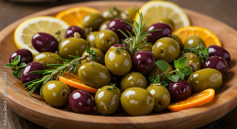 Artisanal olive medley with fresh herbs and citrus accents on wooden platter Artisanal olive medley with fresh herbs and citrus accents on wooden platter