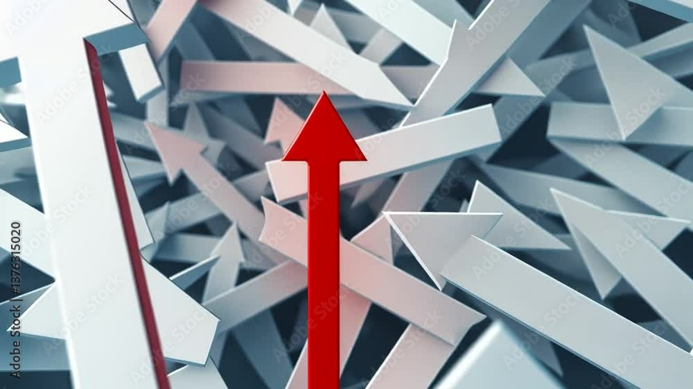 Ein roter Pfeil zeigt zwischen grauen Pfeilen nach oben