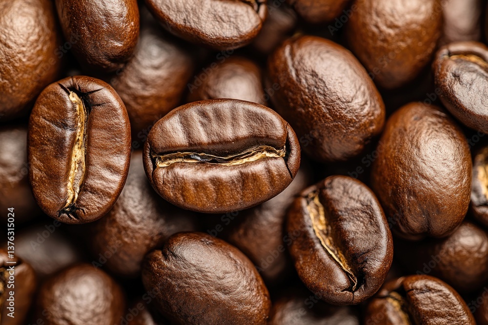 Rich, dark coffee beans arranged closely, showcasing texture and Rich, dark coffee beans arranged closely, showcasing texture and