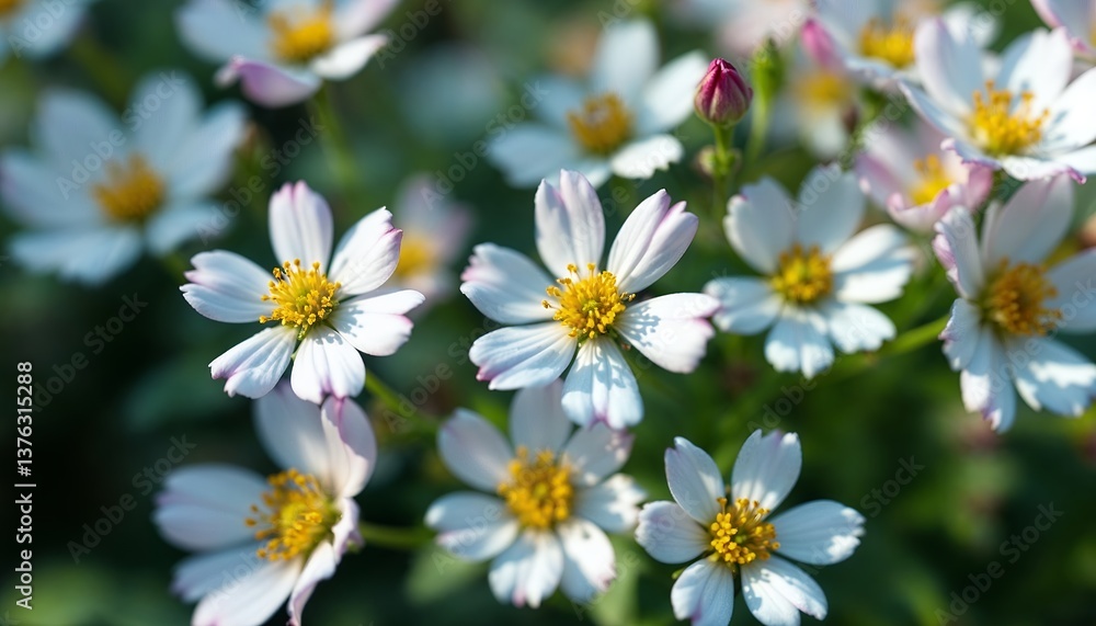Blooming White Flowers with Yellow Centers in a Lush Green Garden Blooming White Flowers with Yellow Centers in a Lush Green Garden