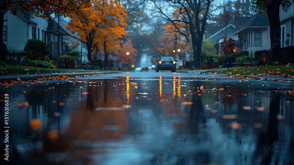 Reflections on a rainy autumn evening in a residential neighborhood