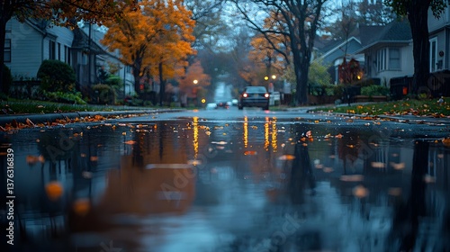 Obraz na płótnie Reflections on a rainy autumn evening in a residential neighborhood w salonie