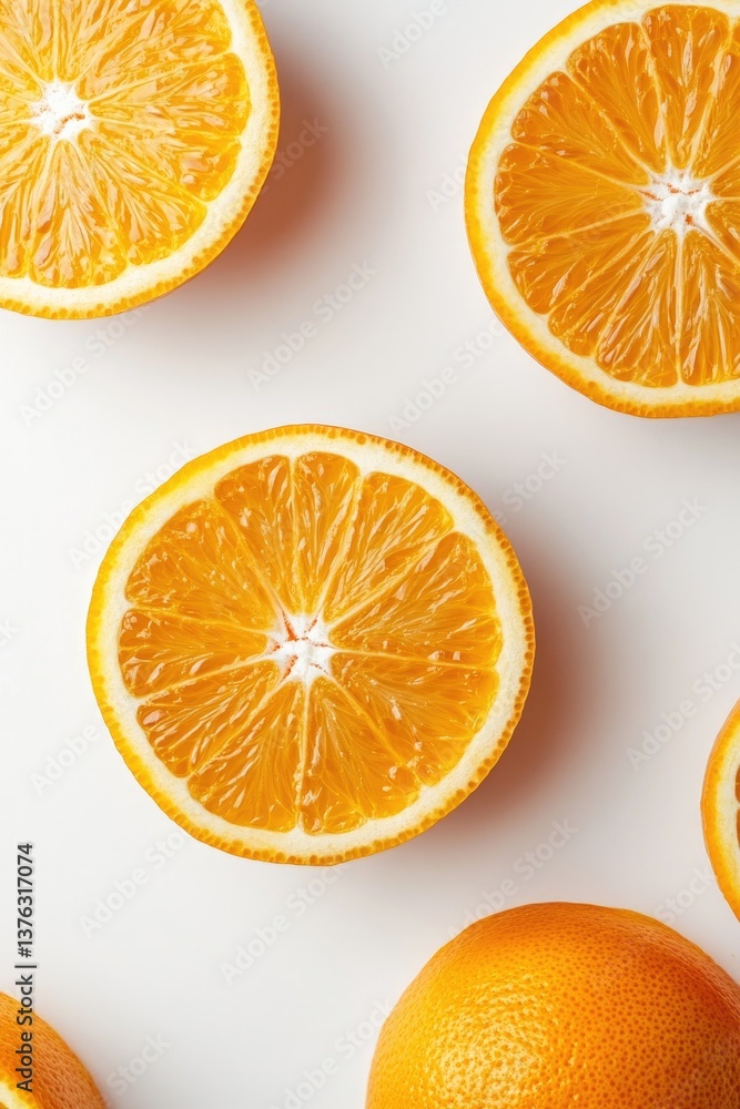 Fototapeta premium Bright orange slices arranged artistically on light background,