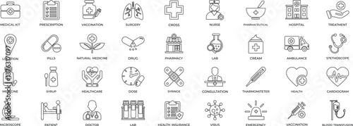 Healthcare and pharmacy Line icon set