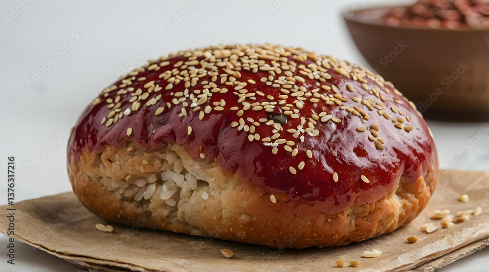 Sweet Rice Bun with Red Glaze and Sesame Seeds.... Sweet Rice Bun with Red Glaze and Sesame Seeds....