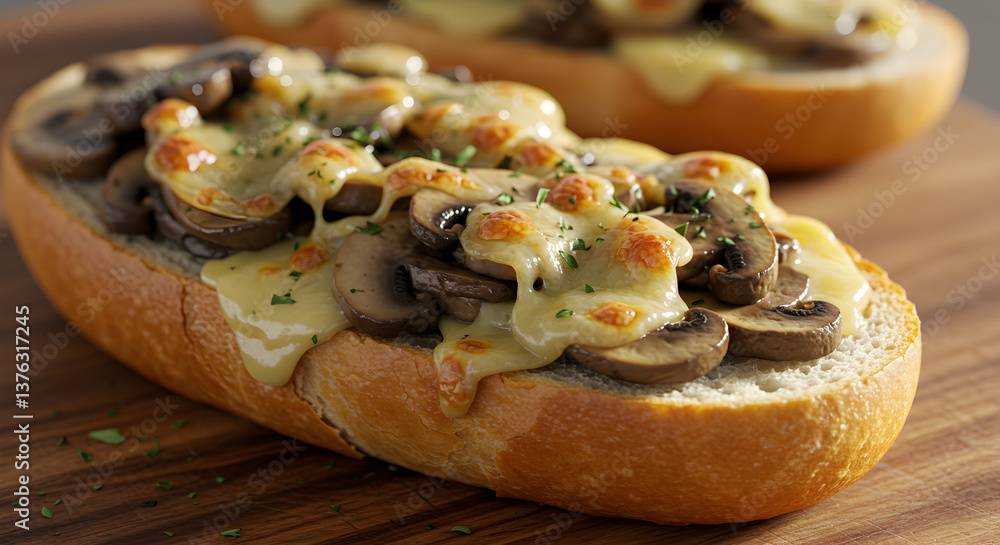 Delicious homemade zapiekanka with melted cheese and sliced mushrooms closeup Delicious homemade zapiekanka with melted cheese and sliced mushrooms closeup