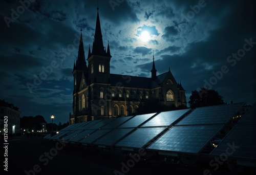 Obraz na płótnie Solar panels illuminated by moonlight near a historic church at night w salonie