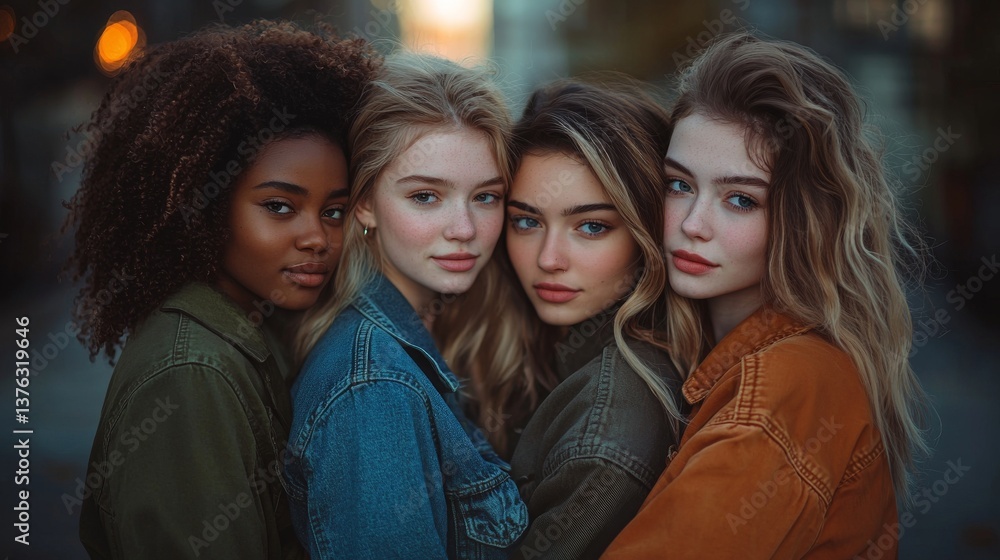 Obraz premium Diverse group of female friends embracing in urban setting, youthful bond